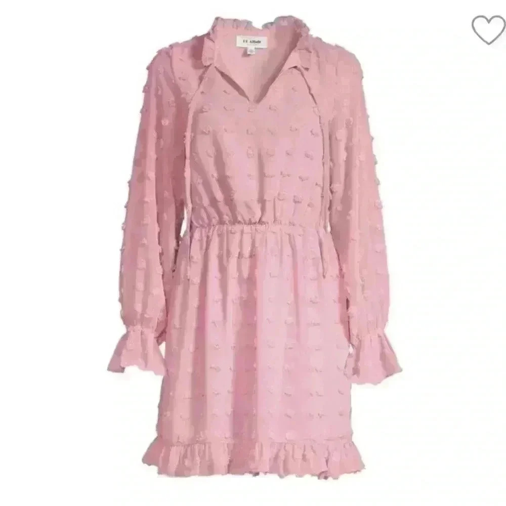 HL AFFAIR Women’s Medium‎ Romantic Mini Dress Ruffle-Trim Textures Pink
